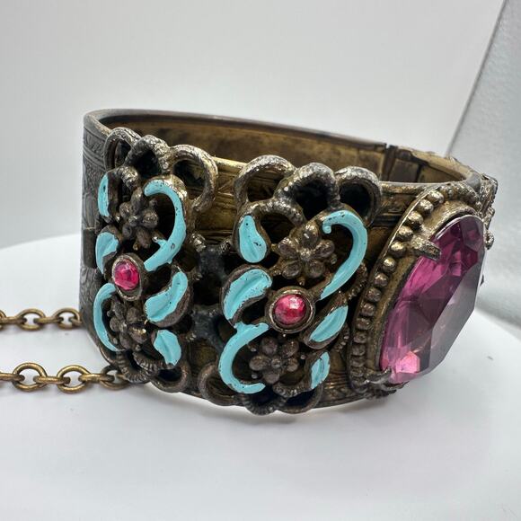 Vintage antique Austro Hungarian Czech glass enamel hinged bangle bracelet - Picture 4 of 10